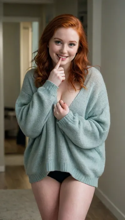 Woman, 21 years old, beautiful, redhead, fair skin. Oversized sweater down to her knees, looking at the camera, smiling, biting her finger, full body shot, wide hips, chubby, large heavy breasts, in a dimly lit room.