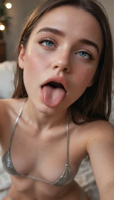 (ahegao:1.1), tongue out, selfie, girl, skinny face, detailed face, (high contrast:1.3), (natural skin texture, hyper-realism, soft light, sharp), (freckles:.2), Canon EOS 5D Mark III, bokeh, a, photo, of, woman, wearing, metallic, string, bikini, <lora:ahegao_sdxl_v4:.5>, <lora:MetallicStringBikini-XL-v1-000005:.8>