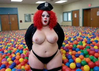 Obese fatty young Texas Police bimbo SSBBW girl, full body view, standing in the Round Ball Pool with thousands Plastic Balls in Texas police station, (in backround the word "police" in the background), fatty Texas Police Officer wearing open black Police Jacket with sheriff badge, enormous big saggy natural bare breasts, (big nipple piercing rings:1.2), very fatty obese, wearing overknee clown socks, friendly withe pennywise clown face makeup, no panties, no Bra, strong withe clown makeup, looking at the viewer, big red clown wig, wearing official black American police hat, holding big black horse dildo, excited, aroused, tack sharp, 5k, dslr