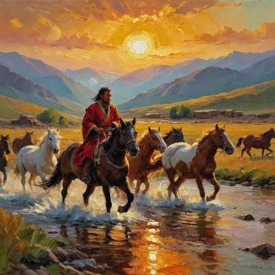Masterpiece, high quality, Solo, A lone Mongolian shepherd and a small herd of horses at sunset, A Mongolian expert rider, wearing a traditional robe, guides a small herd of horses across a river, the sun sets over the golden grasslands and distant mountains, as the sunsets the sky explodes with deep oranges, reds, and golds, creating a serene yet powerful backdrop, oil_painting, oil-painting-style, <lora:FANGAO12:1.3>, <lora:EldritchPaletteKnife:1.3>, <lora:oil-painting-style_A3.1_XL-9:1.3>