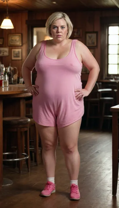 1 Very fat girl, (60 Years old, FULL BODY, Clonated face), (Small saggy breasts, Extremely fat, Extremely fat legs), (Blue eyes, evil look, Angry), (Short hair, Gracon, Messy, Straight hair, Blonde), (In a Dark Tavern), (Pink romper and bib), (EXTREM LONG SHOT, FULL BODY, FROM HEAD TO TOE, PANORAMIC SHOT OF HER)