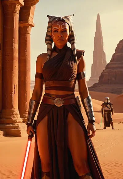 Ashoka Tano from star wars, vary revealing outfit, holding two light sabers, on a desert planet with ancient architecture, breathtaking digital art, trending on artstation, by atey ghailan, by greg rutkowski, by greg tocchini, by james gilleard, 8k, high resolution, best quality., ahsoka, tano, <lora:Ahsoka_Tano_XL:1.5>