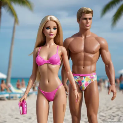 fiction Woman is a Barbie and Ken doll, they have sex, mounted legs, mounted arms, long legs, narrow waist, small ass, big breast, blond long hair, perfect face, wearing bikini at miami beach