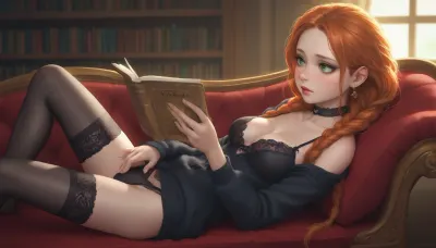 1girl, solo girl, Ginger, slim body, very petite, long braided pigtails, makeup, eyeliner, red lips, shy, classy, sweet, adorable, loving eyes, green eyes, innocent eyes, ear rings, black choker, lots of freckles, black cardigan, very deep cleavage, (medium breasts), castle library, black lace lingerie, stockings, natural lighting, soft cozy lighting, intimate lighting, romantic, reading, reading a book and masturbation, tease, seductive, dark academia, Chaise Lounge, <lora:kohaku_delta_style_colorful_spv5x:.8>