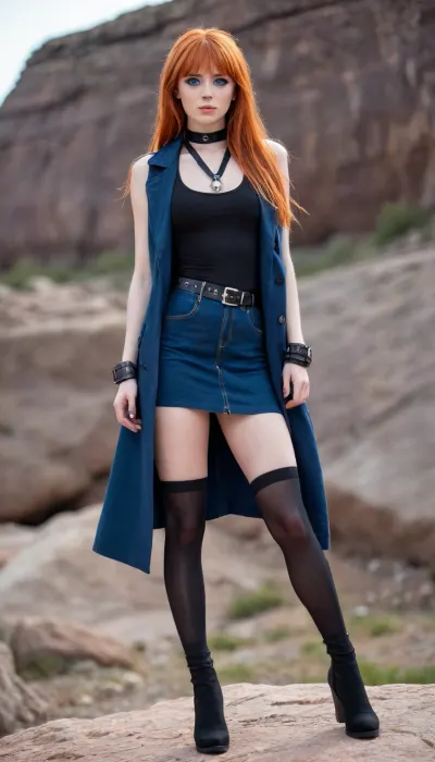 1 Girl, (29 Years old, FULL BODY, Clonated face), (Flat chest, Skinny figure), (Big blue eyes, Glowing eyes), (Very long hair, Bangs, Straight hair, Orange hair), (On a rock metal style stage), (Black trench coat vest, fitted blue halter neckline top, black denim mini skirt, dark blue see-through thigh-high stockings, open-toe rock/metal combat boots), (EXTREM LONG SHOT, FULL BODY, FROM HEAD TO TOE, PANORAMIC SHOT OF HER)