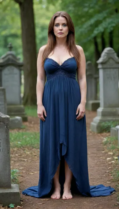1 chubby girl, (57 Years old, FULL BODY, Clonated face), (Flat chest, Small saggy breasts, Chubby body, Leafy legs), (Blue eyes, sensual look), (Long hair, Straight hair, Reddish brown hair), ., (In a scary cemetery), (Sexy open dress), (EXTREM LONG SHOT, FULL BODY, FROM HEAD TO TOE, PANORAMIC SHOT OF HER)