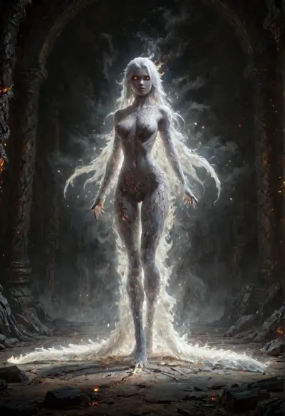 Fire Naked woman with a lizard tail standing, completely covered in silvery scales, large breasts, her breasts are tight and hanging to the floor, the woman is naked. She has a lizard tail, the tail is as long as her body. The tail is raised up. It is covered with scales, the skin is covered with scales, the woman fire has scaly skin the scales are ashy silver, (correct tail positioning), (no missing limbs), (han, yu, long, huang\), ral-embrglt, DonMF1r3y4by55XL, firecd_xl, flmngprsn, <lora:ral-embrglt-sdxl:2>, <lora:DonMF1r3y4by55XL:2>, <lora:firecd_xl-000017:2>, <lora:lora-sdxl-flaming-person:2>, <lora:SG2:2>