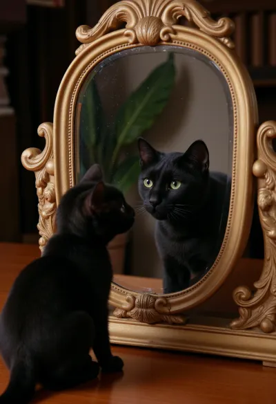 (masterpiece, highest quality, ultra-detailed rendering), (black kitten looks into a richly decorated mirror in a gold frame:1.2), (the mirror reflects an adult black jaguar with bright green eyes:1.3), (kitten and jaguar look into each other's eyes), (side view of the kitten, head turned toward the mirror), (the jaguar's head and shoulders are visible in the reflection, facing the viewer), (soft, diffused lighting:1.1), chiaroscuro, warm ambient glow, (dark, gloomy background, blurred:.9), antique room setting, wooden surface, unobtrusive plant in the background, (out of focus), pensive facial expression, dramatic composition, realistic fur texture, intricate wood carvings, high resolution, photorealism, professional photography, depth of field, natural lighting