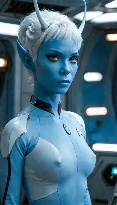 Gorgeous Star Trek Andorian Starfleet officer standing on a transporter platform, (blue skin, white hair, straight elongated blue antennae that extend straight upward from her forehead:1.6), view from thighs up, key focus, 8K, startrek, longsleeve, minidress, braless, Wearing, clothes, that, make, sense, with, Braless>, 4ng3l, face, <lora:MJ52:2>, <lora:add-detail-xl:2>, <lora:StarTrek1024:1>, <lora:bralessSDXL_v1_00022:1.5>, <lora:SDXL_BetterFaces-LoRA_v1:1.2>