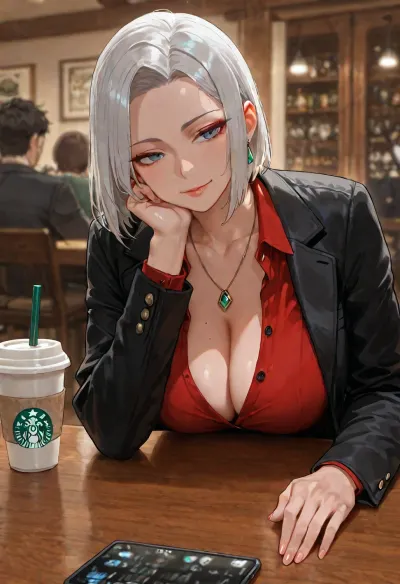 score_9, score_8_up, score_7_up, german, emilia_from_germany, highres, 1girl, 3others, black_jacket, blue_eyes, bob_cut, breasts, cafe, cleavage, coffee, collarbone, collared_shirt, cup, curvy, earrings, eyelashes, eyeliner, forehead, grey_hair, hand_on_own_cheek, head_rest, inverted_bob, jacket, jewelry, large_breasts, light_smile, lips, long_sleeves, makeup, mature_female, necklace, open_clothes, open_jacket, phone, red_lips, red_eyeliner, red_shirt, shirt, short_hair, skirt, smartphone, solo, starbucks, straight_hair, table, toned, toned_female, unbuttoned, unbuttoned_shirt