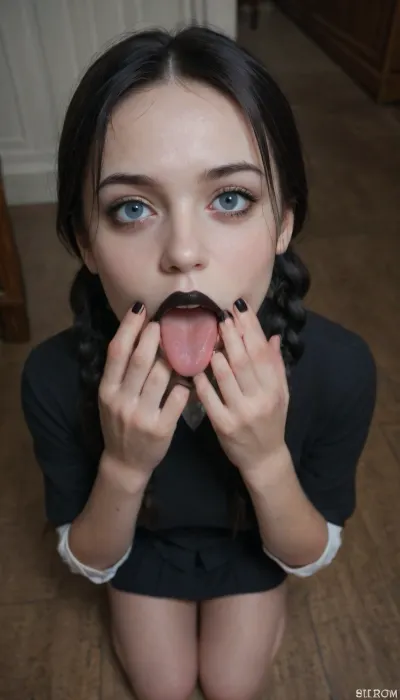 (detail Wednesday Addams face), 21 years old, good hands, no her knees, looking up at the camera, mouth open and tongue out, waiting for a dick in her mouth, Wednesday school uniform, very short skirt, full body view, staring at viewer, young adult horny, straight black hair long platted pigtails, (very pale white skin:1.5), (black lipstick:1.3), perfect skin, beautiful face, high details, looking at viewer, award winning photo, extremely skinny, detailed eyes, seductive girl, w3dn3sd4y, pale, skin, <lora:Wednesday-Jenna SDXL1.0:.5>, <lora:Pale_Skin_SDXL_v1.0:.8>