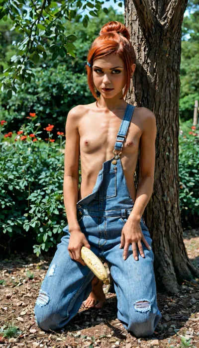 garden, sunny day, underboob, 30 yo monkey-girl, furry, black fur all over, (anthropomorphic monkey), red hair, hair up, monkey tail, small sagging deflated breasts, (flat chested), (loose fitting dirty denim overalls with big front pocket), holding overall straps, eating a banana, pealed ripe banana, squatting high in a tree, (detailed face and eyes), monkey fangs, (one overall strap is unhooked exposing only one of her boobs), one strap hanging down, no shirt, topless, naked breasts, anthro, (/Ben10), /, (ultra, HD, quality, details), (green, eyes)