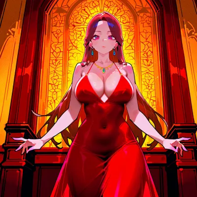 In a living room stand two beautiful, sexy, slim, 18-year-old wise women in tight red dresses, without makeup, with beautiful hands, perfect fingers, medium-sized breasts and reddish-brown long hair, they are standing in a sexual pose.