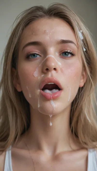 closeup picture focus on face and her open mouth, 18+ years old girl, open mouth, tongue out, (cum on face), projectile cum, cum in hair, cum in face, fontain of cum, <lora:JustCum:1.3>