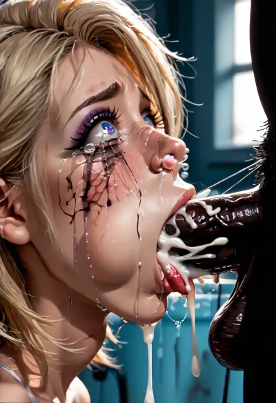 Profesional picture, side view, close-up, zoom in mouth, fokus on mouth, silhouette, 1 woman, (1 dick), (penis), blonde Woman, fellatio, (deepthroat:1.2), (dick in mouth), (cum), (cum in mouth), (a woman deepthroating a fat cock as the cum explode in her mouth and a spray of cum shoots trough her nose), (her face is covered in tears), (makeup is smeared over her face), (makeup:1.5), (smeared makeup:1.4), (tears:1.4), (tears in eyes:1.4), (crying:1.4), (saliva), (sloppy), (saliva drooling:1.2), (drooling on the dick), (cum out of her nostrils:1.4), (spitbubbles:1.2), (littlebubbles:1.2), (spitstring:1.5), ruined, makeup, <lora:ruined1:1.1>