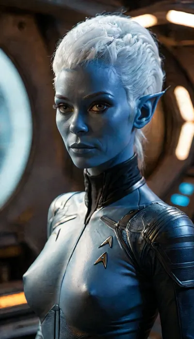 Gorgeous Star Trek Andorian Starfleet officer standing on a transporter platform, (blue skin, white hair, straight elongated blue antennae that extend straight upward from her forehead:1.6), view from thighs up, key focus, 8K, startrek, longsleeve, minidress, braless, Wearing, clothes, that, make, sense, with, Braless>, 4ng3l, face, <lora:MJ52:2>, <lora:add-detail-xl:2>, <lora:StarTrek1024:1>, <lora:bralessSDXL_v1_00022:1.5>, <lora:SDXL_BetterFaces-LoRA_v1:1.2>