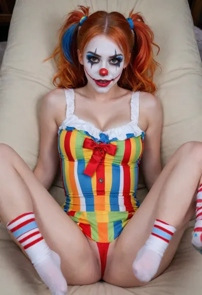 young beautiful girl 18 years old clown girl with big breasts, wearing a pulled-up dress without any underwear, laying on her back with spread legs, no panties, long striped socks, clown makeup, skinny, white face paint, detailed vagina, looking at the viewer, back long high twin multi-colored ponytails, excited, aroused, tack sharp, 4k, dslr