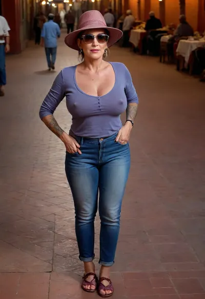 ((marketplace in Marrakesh)), . FULL BODY PHOTO, entire body visible, 1 PHOTO, (moonlight shining from above), --------------------------------------------
Moroccan, hat with brim, tight jeans, very low-cut blouse, moccasins, polarized sunglasses, --------------------------------------------- -1 WOMAN, 55 years old, tall French woman, very large full round breasts, tattooed arms, tattooed breasts, full lips, narrow nose, large round buttocks, braless, Wearing, clothes, that, make, sense, with, Braless>, melanin, longnips, pn, <lora:bralessSDXL_v1_00022:1.9>, <lora:melanin-XL:.8>, <lora:longnipsxl:1.9>, <lora:pn_UrbannaSprawl_SDXL_LORA_v06:1.7>