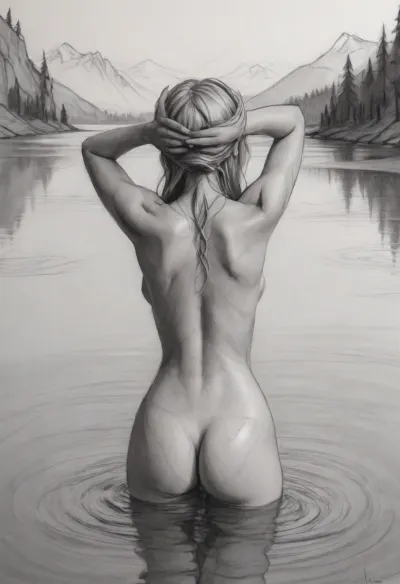 (vex from skyrim, naked, 30 year old, scandinavian, long blonde hair, detailed face, small breasts, sexy slim body), (bathing pose in a big lake, hands behind head, watery body, breasts not visible), (rear view, back view, view from behind, looking away face not visible), pencil sketch, lineart, black and white, monochrome, high contrast, pencil, contour, <lora:EldritchContour_0.9:.5>