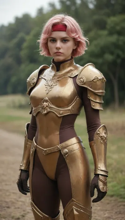 masterpiece, best quality, good quality, very aesthetic, absurdres, newest, artist, moriimee, in the style of cksc, cowboy shot, 1girl, solo, fegnd, pink hair, short hair, pink eyes, red headband, orange armor, shoulder armor, gauntlets, gold trim, brown bodysuit, armored boots, determined, outdoors, golden hour