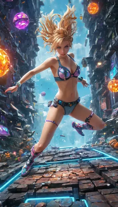 A woman mid-leap, frozen in a dramatic pose above a cracked platform shaped like a giant game controller. Her body twists with impossible agility—one arm outstretched, clutching a glowing pixel-blade shaped like a USB stick, the other braced behind her, fingers sparking with glitch energy. Her armor is a chaotic blend of genres, shoulder pads made from stacked arcade tokens, a chestplate emblazoned with a distorted leaderboard, and leggings patterned with scrolling cheat codes. Her hair arcs behind her in gravity-defying strands, half rendered in blocky voxel chunks, half shimmering like ray-traced silk.

The background is a surreal battlefield, a giant rubber duck mech looms to the left, firing laser beams shaped like exclamation marks, to the right, a swarm of angry mushrooms with boxing gloves bounce toward a flaming loot chest. Above her, the sky is a corrupted loading screen—half blue sky, half frozen error message—while floating platforms shaped like pizza slices hover in formation. A health bar hovers overhead, flickering between “FULL” and “???”.

Beneath her, the terrain fractures into absurdity, one section is made of cracked lava tiles, another of rainbow-colored keyboard keys, and a third of twitching eyeballs wearing VR headsets. Her expression is wild and focused, eyes glowing with HUD overlays—targeting reticles, minimaps, and a flashing “PRESS X TO WIN” prompt., (nudity:1.5), (big breasts:1.1), (anime style:1.5)