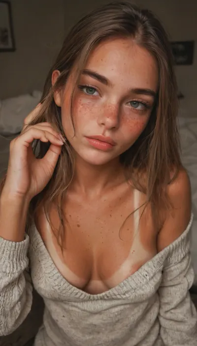 ziprealism, (score_9, score_8_up, 1girl), closeup shot, sharp focus, high saturation, high contrast, high angle, focus on eyes, perfect eyes, perfect hands, smokey makeup, long eyelashes, full lips, elegant facial features, young woman, naughty woman, (small natural breasts, pale breasts, cleavage, loose comfy sweater, tan lines, nipple slip, romantic esthetic, cozy bedroom, intimate moment:1.2), (horny, hungry expression, freckles, blushing, flushed face, seductive pose, hand up, hand in hair:1.4), igbaddie, <lora:igbaddie-XL:.8>, <lora:add-detail-xl:.8>