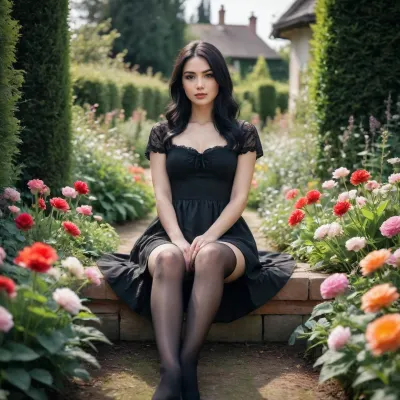 A beautiful 20-year-old girl with black hair and a beautiful black short dress and stockings is sitting on the gr in a garden decorated with a large number of flowers with her legs spread wide in daylight, full-length close-up photo