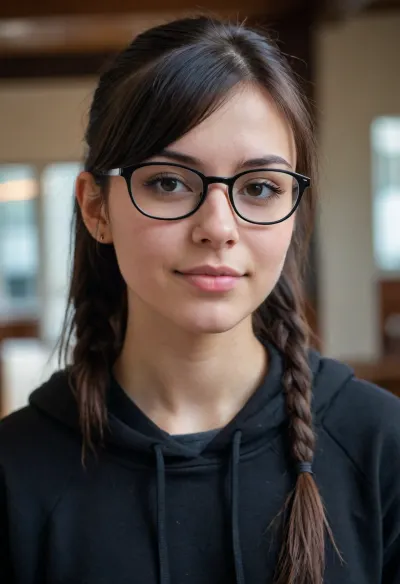 Innocent young 20 year old girl, classic black framed glasses, nose ring peircing, black hair, long, ponytail, bangs to one side, soft smile, wearing black hoodie
