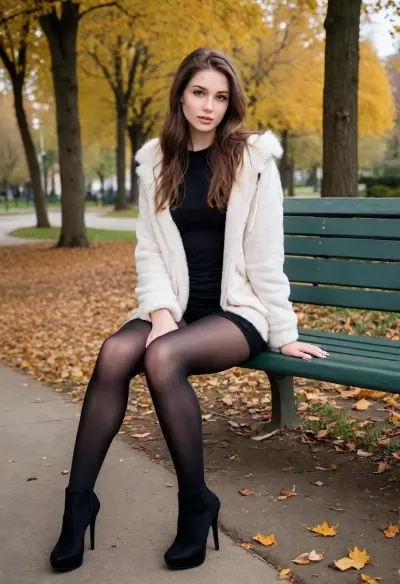 Slender girl walking in the park, (bottomless), fur hoodie, seamless black pantyhose, over-the-knee boots, high heels boots, legs, up, spread, sitting, GlossyPantyhose, raw, lighting, overexposed, harsh, flash, <lora:GlossyPantyhose_XL:1.5>, <lora:Rawfully Stylish v0.2_epoch_20:.8>