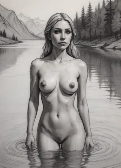 (vex from skyrim, naked, 30 year old, scandinavian, long blonde hair, detailed face, small breasts, sexy slim body), (bathing pose in a big lake, hands behind head, watery body, breasts not visible), (rear view, back view, view from behind, looking away face not visible), pencil sketch, black and white, high contrast, (Pencil_Sketch:1.2), sketch, (texture), pencil, contour, drawing, <lora:EldritchContour_0.9:.1>