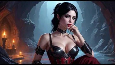 (one woman, Alva from Skyrim, 30 year old, pale skin, small breasts, vampire, black hair, seductive lips, sensual eyes), (inside medieval vampire cave/lair), (wearing skimpy tavern wench corset), (one hand grabbing breast, other hand laying finger on lips/tongue), (artwork, digital painting, concept art, by syd mead, flat colors), <lora:LegendDarkFantasy-000001:1>