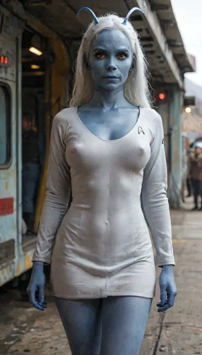 Gorgeous Star Trek Andorian Starfleet officer standing on a transporter platform, (blue skin, white hair, straight elongated blue antennae that extend straight upward from her forehead:1.6), view from thighs up, key focus, confident smile, 8K, startrek, longsleeve, minidress, braless, Wearing, clothes, that, make, sense, with, Braless>, 4ng3l, face, <lora:MJ52:2>, <lora:add-detail-xl:2>, <lora:StarTrek1024:1>, <lora:bralessSDXL_v1_00022:1>, <lora:SDXL_BetterFaces-LoRA_v1:1.2>