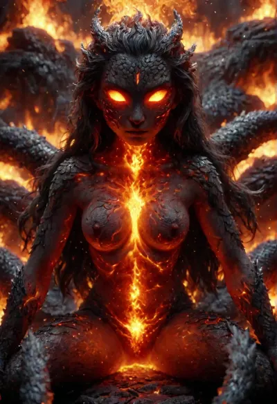 Fire Naked woman with a lizard tail standing, completely covered in silvery scales, large breasts, her breasts are tight and hanging to the floor, the woman is naked. She has a lizard tail, the tail is as long as her body. The tail is raised up. It is covered with scales, the skin is covered with scales, the woman fire has scaly skin the scales are ashy silver, (correct tail positioning), (no missing limbs), (han, yu, long, huang\), ral-embrglt, DonMF1r3y4by55XL, firecd_xl, flmngprsn, <lora:ral-embrglt-sdxl:2>, <lora:DonMF1r3y4by55XL:2>, <lora:firecd_xl-000017:2>, <lora:lora-sdxl-flaming-person:2>, <lora:SG2:2>