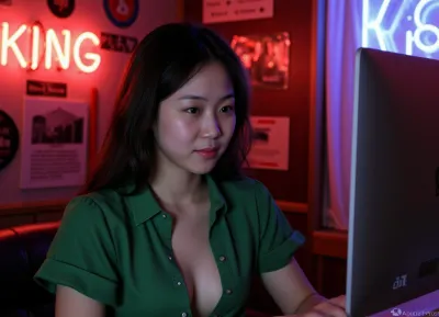 an unusual original fine art warm slight dark soft professional photography of {A sexy Korean female programmer, with nice bouncy tits, wearing a green blouse, codes in the evening in a small internet cafe, neon signs, neon high-tech style}, Associated Press photography, editorial photography, Photo Of The Year, soft contrast, soft saturation., nnsgn, <lora:neon_signs:1.2>