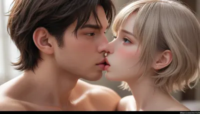 18 years old very cute very pretty coed and 18 years old handsome male both kissing each other on mouth deep and hard, both completely nude, flushing, blushing, sweating, no clothing whatsoever, no distortion, no extra limbs, no extra body parts