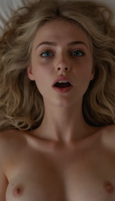 ziprealism, (woman, intimate face portrait, sharp focus on eyes:1.2), (heart-shaped face:1.2), (striking pale blue eyes:1.1), (pale breasts, soft breasts, small breasts:1.4), (on bed, on back, view from above, (ash-blonde hair, long hair, loose strands of hair, messy hair:1.2), (beautiful agony, orgasm face:1.6), (full lips, bliss, extreme pleasure), (soft warm ambient lighting, golden hour glow:1.2), (intimate atmosphere, natural photo style:1.3))