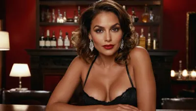 A hyperrealistic portrait of a beautiful mature woman in her mid-40s, clothed, (front view), (grabbing from behind), long legs, garter stockings, stiletto's, high heels, looking at viewer, lying on a desk, long skirt, thigh-high slit, stiletto heels, seductive pose, one hand on hip, weight shift, oval face with defined cheekbones, sultry makeup, smokey eyes with glitter, matte red lips, feathered eyebrows, realistic skin texture, pores, subtle wrinkles, stretch marks on hips, natural skin imperfections, volumetric studio lighting, hyperdetailed anatomy, 8k resolution with elegant and attractive total figure features, smooth skin with natural texture, expressive eyes, slightly wavy chestnut hair, and a warm confident smile. very slutty heavily made up fit athletic womenn, dark brown tanned skin, puffy lips, tattoos, diamond naval piercing, wet long messy hair, full, standing behind cocktail bar, they are looking at camera with extremely seductive and lustful look. there is on the bar. they caress their breasts while licking their lips Three identical very slutty heavily made up .