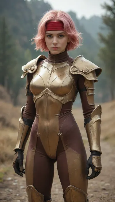 masterpiece, best quality, good quality, very aesthetic, absurdres, newest, artist, moriimee, in the style of cksc, cowboy shot, 1girl, solo, fegnd, pink hair, short hair, pink eyes, red headband, orange armor, shoulder armor, gauntlets, gold trim, brown bodysuit, armored boots, determined, outdoors, golden hour