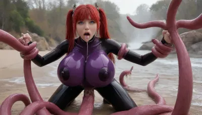 high quality, Elf Bimbo, full body latex suit, metallic surface, (latex is iridescent dark purple:1.5), (Breasts covered in latex except nipples:1.5), very slutty face, very surprised, (big tits:2.2), Bimbo, huge lips, inflated pussy, ring gag, drooling, bdsm, beach, outdoors, very large eyes, Neon red hair, pigtails, oral creampie, nipple creampie, cum spurting from the mouth, covered in cum, bukake, squirt, gagging, view from side, full body view, ((hands grab boobs)), Tentacle monster, many tentacles, tentacle wrapped around neck, tentacle wrapped around waist, tentacle wrapped around tits, (Tentacles fuck boobs:1.5), tentacles in her mouth, (tentacles fuck pussy:1.5), A frame with view on pussy on top right screen, anal prolapse, gagged, Latex, bmbplora, <lora:LatexXLv11:.8>, <lora:bimboxl_02:.8>
