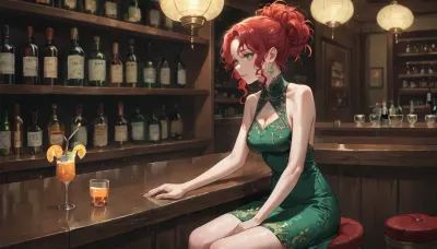anime, 25 year old woman with long red hair, medium breasts, short green dress, sitting at a bar having a drink