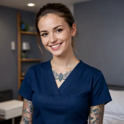 Legal age slim young nurse in dark blue work clothes, smiling, tattooed