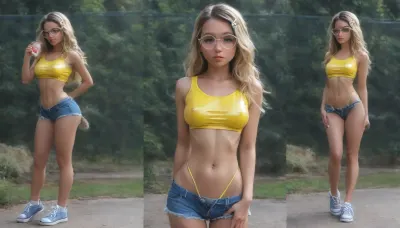(((Selfie))), (((Skinny))), (petite tiny little small:1.9), Navel Exposed, (((shorts))), Strapless Top, (15+:1.9), ((((Upper body)))), ((((Close-up view)))), (young:1.9), sadako, horny, very short blonde platinum hair with shaved sidecut, black leather collar on her neck, ((Hinata)), pale skin, (freckles), thick lips, tiny a cup breasts, pointy erect nipples, (((very shiny skin))), perfect skin, (((extremely beautiful young face))), seductive look, highly detailed, round glasses, ultra high details, (looking at viewer:1.4), big natural breasts, ((narrow waist)), (((blue green grey eyes))), perfect anatomic body, stand up on park, beautiful face, front view, skimpy daisy dukes, extreme daisy dukes, stunning woman, oiled skin, beautiful shiny blonde long hair, extremely realistic, hair clips, (side view), ((abs)), ((shock)), ((thin yellow latex top)), (visible thong high waisted on the hips:1.2), (visible thong, visible whaletail:1.2), full body view, wearing converse sneakers, sneakers visible, body from head to toe visible, (showing her backside:1.3), (ass visible to the camera:1.3)