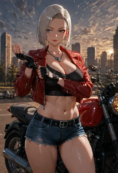 score_9, score_8_up, score_7_up, german, emilia_from_germany, absurdres, highres, 1girl, adjusting_clothes, (adjusting_gloves), belt, black_belt, black_boots, black_gloves, black_shirt, blue_eyes, blue_shorts, bob_cut, boots, breasts, cleavage, collarbone, crop_top, curvy, denim, denim_shorts, earrings, eyelashes, eyeliner, fingerless_gloves, forehead, gloves, grey_hair, high_heel_boots, inverted_bob, jacket, jewelry, large_breasts, leather, leather_boots, leather_jacket, light_smile, lips, makeup, mature_female, midriff, motor_vehicle, motorcycle, navel, necklace, open_clothes, open_jacket, outdoors, red_lips, red_eyeliner, red_jacket, shirt, short_hair, short_shorts, shorts, sky, skyline, solo, straight_hair, thick_thighs, thighs, toned, toned_female