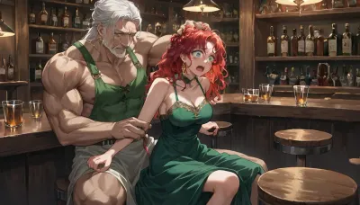 anime, 25 year old woman with long red hair, medium breasts, short green dress, sitting at a bar, muscular man grabbing her hair and pulling her off of her seat, scared