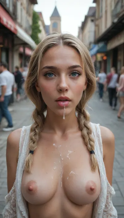 Beautiful blonde with braids giving a blowjob in a public place, with cum dripping on her chest