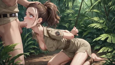 anime, single college woman with brown hair in a ponytail and wearing a khaki safari outfit, slim build, medium breasts, kneeling, hands behind back, (throat fuck), in the jungle, scared, tears