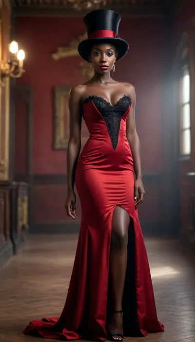 dark skin african type woman, wearing a long red gown, wearing a black tall top hat, full body image
