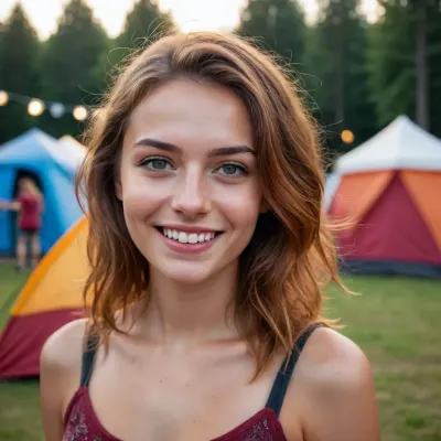 young woman at a festival modern Campsite, Reddened from alcohol, horny, smiles at the camera
