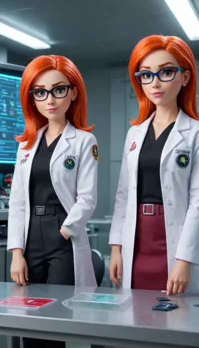 Ziprealism, masterpice realistics, Ilustración digital de Susan y Mary Test de 'Johnny Test' en su laboratorio subterráneo de alta tecnología. Susan tiene su cabello rojo con un gancho en forma de estrella y Mary tiene su cabello rojo con un gancho de luna creciente. Ambas visten sus icónicas batas blancas de laboratorio y lentes. El fondo está lleno de pantallas holográficas, tubos de ensayo con líquidos neón burbujeantes y su último invento emitiendo rayos eléctricos. Estilo artístico vibrante y moderno de 2026, con iluminación cinematográfica y detalles tecnológicos avanzados.""Susan and Mary Test from 'Johnny Test' working in their secret high-tech laboratory. Susan wears her signature star clip in her red hair and Mary wears her crescent moon clip. They are both wearing their crisp white lab coats and glasses. Two sisters red hairy.The lab is filled with floating holographic displays, test tubes with bubbling neon fluids, and an interdimensional portal in the background. Modern 2026 2D animation style, sharp lines, bright, saturated colors, lighting cinematic with reflections of colored lasers, comic science fiction atmosphere." Cubby cuties