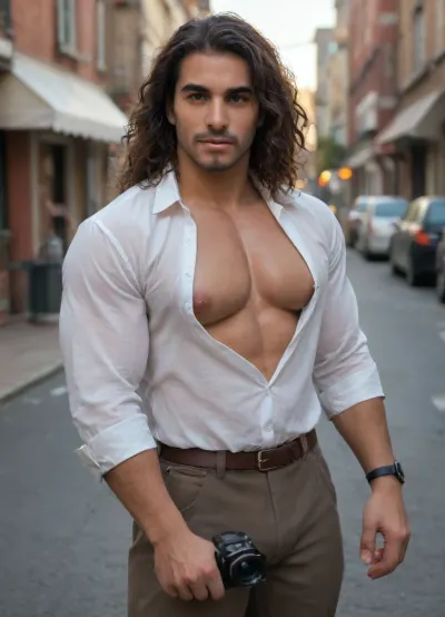 1boy, solo, bara, long hair, curly hair, gay male focus, Latino, muscular body, huge tits, huge ass, sweaty skin, areola, nipple piercings, puffy nipples, breasts, cutout, clothing, nipples, pants, unbuttoned shirt, camera, (object), hand holding camera, camera in hand, city street setting, longnips, <lora:nsfw-xl-2.0:2>, <lora:2BoutOvalSDXL2-000002:1>, <lora:longnipsxl:.8>